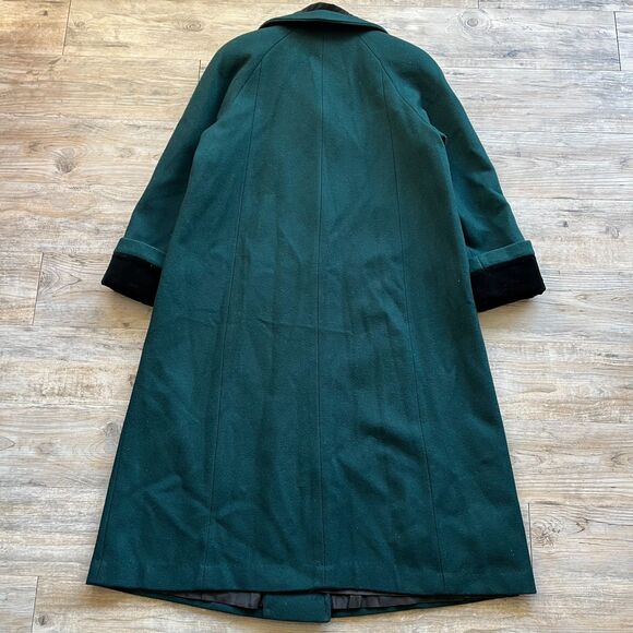Vintage Wool Trench Coat Women's Large Green Velvet Black Neck Buttons 80s 90s - Picture 2 of 11